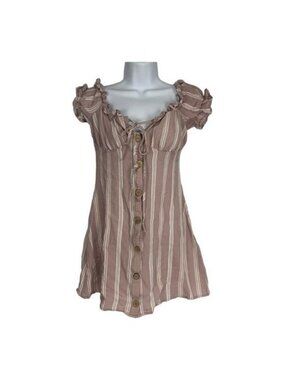 Nasty Gal Striped Button Front Mini Dress Womens Size 6 Puff Sleeve Mauve/White